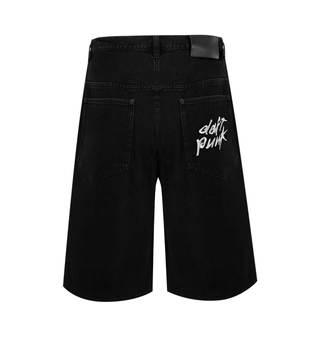 Image 2 of 3 - BLACK - PLEASURES X DAFT PUNK Lucky Studded Jorts featuring midweight denim fabric, button closure with zip fly, belt loops, 5 pockets, studded detailing along side pockets and outseam, leather Pleasures wordmark patch on back and embroidered Daft Punk logo on back right pocket. 100% cotton. 