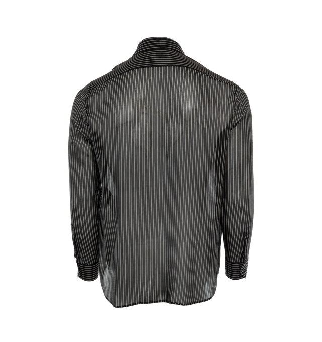 Image 2 of 2 - BLACK - SAINT LAURENT Pinstripe Silk Shirt featuring pointed collar, concealed button placket, one button mitered cuff and curved hem. 100% silk. 