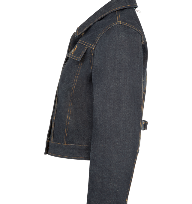 Image 3 of 3 - NAVY - THOM BROWNE Selvedge Denim Shrunken Jacket featuring front button closure, patch chest pockets with button-fastening flaps, two interior pockets, buttoned cuffs with RWB grosgrain trim, pleated back yoke with internal reinforcement, adjustable buttoned backstrap, signature striped grosgrain loop tab and shrunken fit. 100% cotton. Made in Italy. 