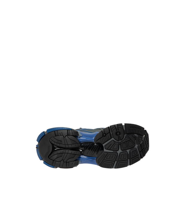 Image 4 of 5 - BLUE - Balenciaga Men's Runner Sneakers are crafted from a leather-free blend of polyurethane and polyester. Feature a worn-in finish, printed size at the toe, debossed size at the heel, printed Runner logo, embroidered logo at the tongue, logo at the back heel, pull tab, and a rubber, TPU, EVA, and polyurethane sole. Main Material: Upper: Polyurethane, Polyester; Sole: Rubber, TPU, EVA, Polyurethane; Insole: Foam. Made in China. 