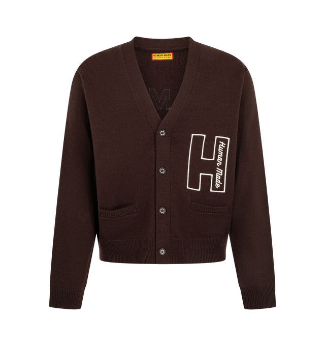 Image 1 of 2 - BROWN - Human Made Men's College Knit Cardigan is crafted from a wool and acrylic blend and features a classic cardigan silhouette with a button-front closure and collegiate-inspired styling. Main Material: 51% Wool, 49% Acrylic.  
