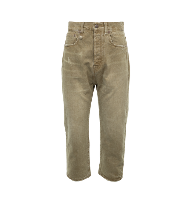 GREEN - R13 Tailored Drop Jeans featuring slouchy, drop-crotch fit, nonstretch denim, button fly and five-pocket style. 100% cotton.