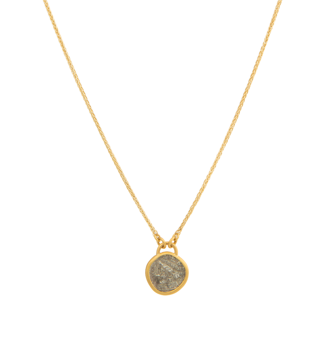 Image 1 of 1 - GOLD - Eli Halili Ancient Kilikia Coin Necklace is handcrafted in 22K gold and features an authentic ancient silver obol from Kilikia (Cilicia), dating to the 4th century BC. The obverse depicts the youthful head of Herakles wearing a lion skin and facing left, with an "X" in the left field, while the reverse features a female head, possibly representing Aphrodite. Suspended from a 17.5-inch 18K gold chain, this one-of-a-kind fine jewelry necklace combines ancient history with Eli Halili's  