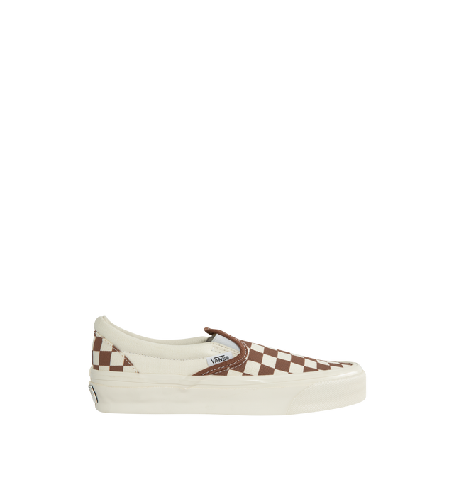 Image 1 of 5 - BROWN - VANS 98 LX Sneakers featuring low-top, slip-on, check pattern printed throughout, elasticized gussets at vamp, padded collar, logo flag at outer side, rubber logo patch at heel, partial leather and canvas lining, textured rubber midsole and treaded rubber sole. Upper: textile. Sole: rubber. Made in Philippines.