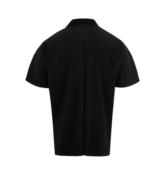 Image 2 of 2 - BLACK - ISSEY MIYAKE Pleated Shirt featuring open spread collar, button closure, tennis-tail hem, dolman sleeves and inverted box pleat at back yoke. 100% polyester. Made in Japan. 