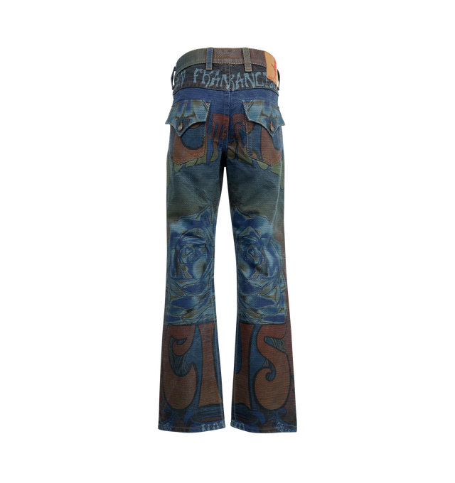 Image 2 of 3 - BLUE - COUT DE LA LIBERTE Rafa Circus Print Straight Jean featuring long length, straight hem, button zip front closure, 5 pocket style, belt loops and graphic print thoughout. 100% cotton. Made In USA. 