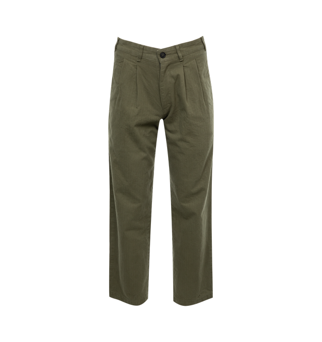 Image 1 of 3 - GREEN - NOAH Double-Pleat Herringbone Pant featuring double-pleated front with zip-fly and button closure. Side seam pockets, besom back pockets with button closures. 100% cotton. 