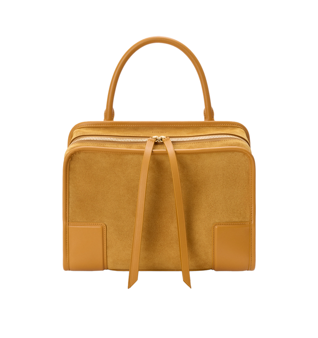 Image 6 of 16 - YELLOW - Loewe Women's Amazona 180 Medium Bag is crafted from suede and calf leather and features a relaxed silhouette with a single toron top handle, a concealed magnetic closure, and removable shoulder and crossbody straps. Designed with two compartments, an internal flat pocket, and a side D-ring for personalization, this versatile style can be carried by hand, over the shoulder, or crossbody. Suede lining and embossed LOEWE branding complete the design. Main Material: Suede/Calf Leather. 