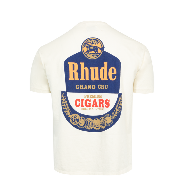 WHITE - RHUDE Grand Cru Tee featuring short sleeves, rib knit crewneck, logo graphic printed at chest and logo and graphic printed at back. 100% cotton.