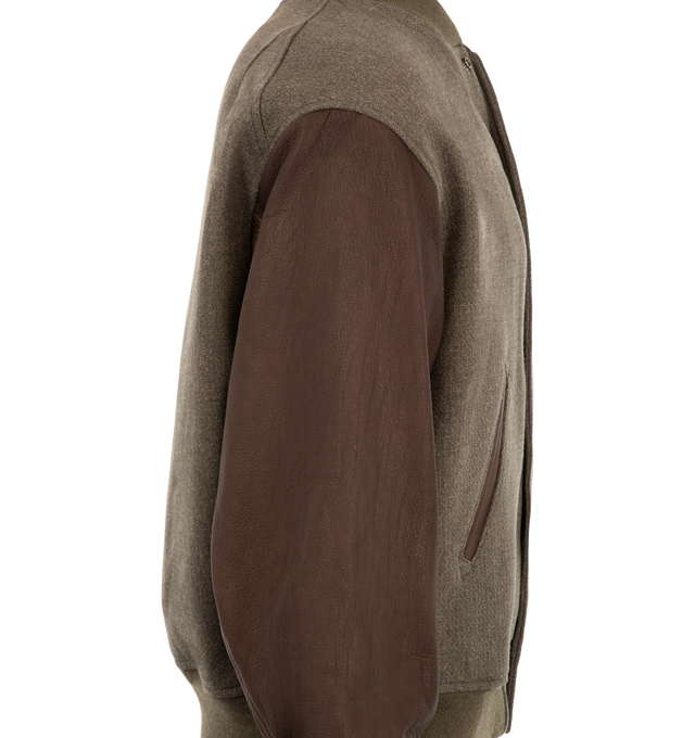 Image 3 of 3 - BROWN - Kaptain Sunshine Men's Award Jacket is crafted from a custom high-density double-cloth fabric woven from a cotton and wool worsted blend and features a short-length silhouette, deer skin sleeves, and a concealed fly-front button closure. Inspired by classic varsity styles, this jacket is finished with wool rib-knit trims, a full lining, and a substantial yet comfortable weight that balances structure and ease of wear. Main Material: 70% Wool, 30% Cotton. Lining: 50% Cupra, 50% Cotton. 