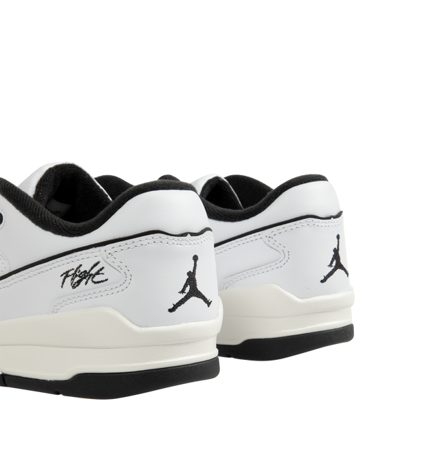 Image 3 of 5 - WHITE - JORDAN Flight Court Sneaker featuring real and synthetic leather in the upper, double top eyelet that enables heel lock lacing, embroidered details, foam midsole and rubber outsole. 