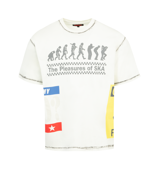 Image 1 of 2 - WHITE - PLEASURES Evolution Heavyweight T-Shirt featuring regular fit, ribbed crewneck and graphic printed at front and back. 100% cotton. 