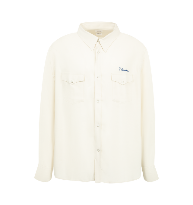 Image 1 of 2 - WHITE - Visvim Four Corners Shirt featuring a custom Rayon Canvas fabric that has undergone a special treatment, a pressed finish, american snap buttons, classic collar, front "Visvim" embroidery details on front and back. . Made in Japan. 