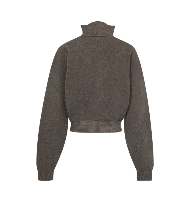 Image 2 of 3 - GREY - Jacquemus Women's The Pelota Cardigan is crafted from a luxurious blend of merino wool and cashmere and features a balloon-volume silhouette with a stand collar and horn button front closure. Designed with rib-knit trims at the collar, cuffs, and hem, this elevated knit is finished with a double-jersey neckline detail that adds subtle structure to its soft, voluminous shape. Main Material: Merino Wool, Cashmere. 
