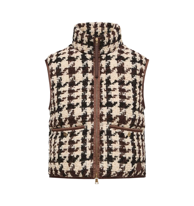 Image 1 of 1 - NEUTRAL - Moncler Women's Emotionnalite Tweed Down Vest is crafted from a textured wool-blend fabrication and features down-filled insulation, a fully lined construction, and a logo patch detail. Designed for cold-weather wear, this outerwear style balances warmth and comfort with a refined finish. Main Material: 37% Wool, 28% Cotton, 21% Acrylic, 12% Polyamide/Nylon, 2% Polyester. Lining: 100% Polyamide/Nylon. Padding: 90% Down, 10% Feather. Secondary Material: 100% Polyester. Leather Tag: C 