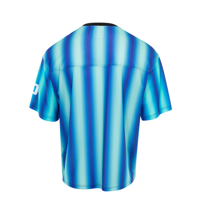 Image 2 of 2 - BLUE - Le Pere boxy soccer jersey made with a premium Italian mesh fabric. Paying homage to classic Europe football shirts, this jersey features slightly digitally distorted stripes in complementary shades as well as a box 'le PRE' logo across the chest. Features custom illustrations of different club crests by Ema Gaspar, a sporting provenance at the bottom hem, and a back yoke.Made in Portugal using Italian jersey. 77% polyester / 23% elastane. 