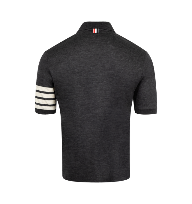 Image 2 of 3 - GREY - THOM BROWNE Wool Jersey 4-Bar Polo featuring partial front button closure, 4-bar detailing, name tag applique, buttoned side vents with signature striped grosgrain trim and signature striped grosgrain loop tab. 100% virgin wool. Made in Italy. 