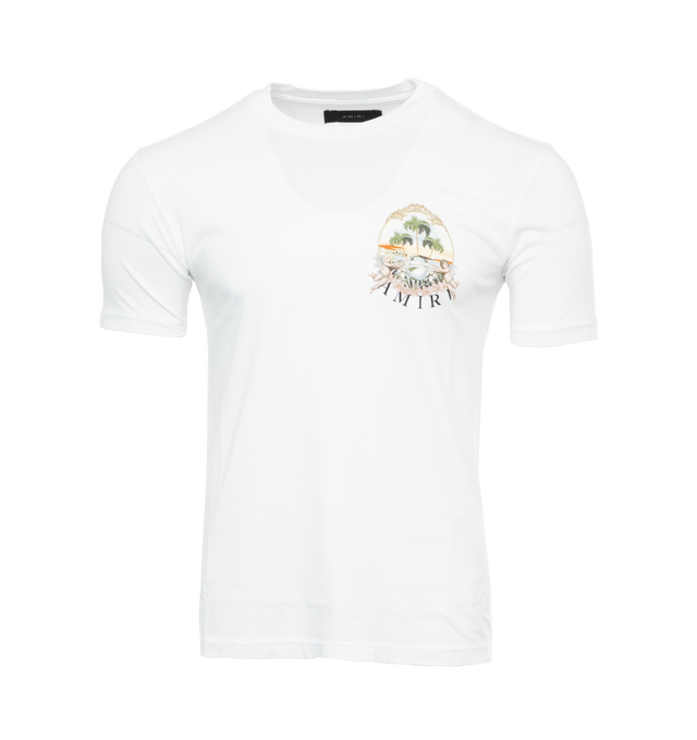 Image 1 of 4 - WHITE - AMIRI Cherub Palm Tee featuring logo graphic print at the chest, logo graphic print to the rear, crew neck, short sleeves and straight hem. 100% cotton. 