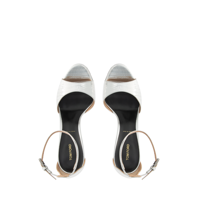 Image 4 of 4 - SILVER - TOM FORD Tejus Snake Print Laminated Leather Sandal featuring adjustable ankle strap, square metal stiletto heel and leather sole. 80% leather, 12% st, 8% brass. Made in Italy. 