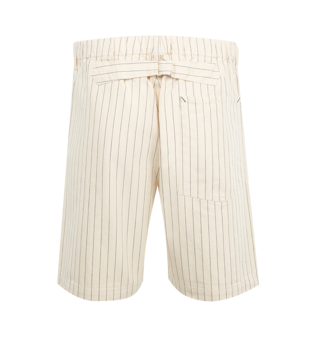 Image 2 of 3 - WHITE - POST O'ALLS E-Z Army-Navy Shorts 2 featuring elastic waist with drawstring, pointed square pockets, pinstripes and cinch back. 100% cotton. Made in Japan. 