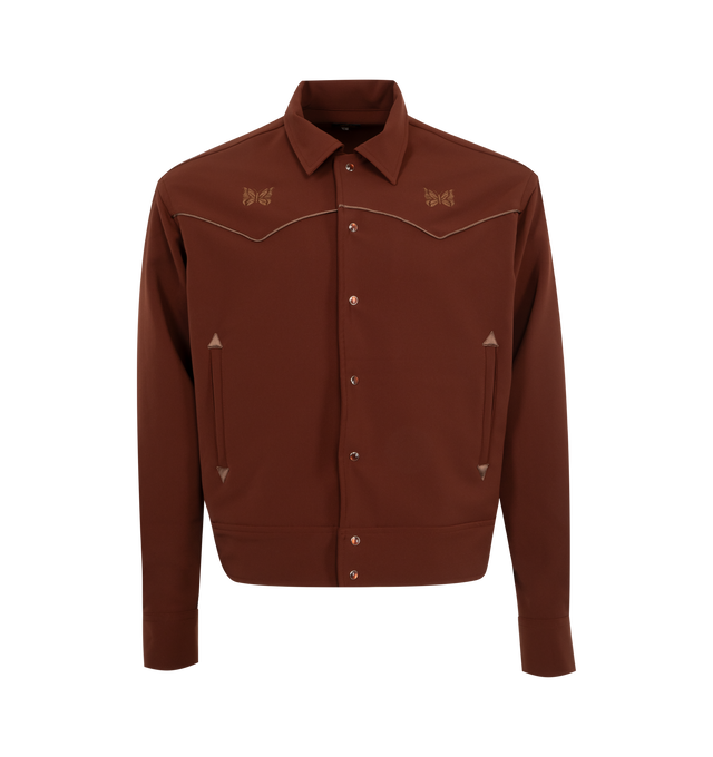 Image 1 of 3 - BROWN - NEEDLES Piping Cowboy Jacket featuring stretch polyester, satin piping throughout, spread collar, press-stud closure, logo graphic embroidered at chest and back, western yoke at front and back, welt pockets, two-press-stud barrel cuffs and twin pleats at back hem. 89% polyester, 11% polyurethane. Trim 1: 100% polyester. Trim 2: 100% rayon. 