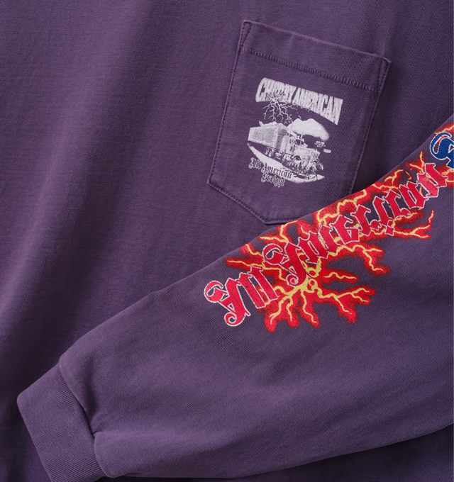 Image 3 of 6 - PURPLE - Cherry LA Men's American Freight Longsleeve T-Shirt is crafted from heavyweight cotton and features a boxy-fit silhouette with long sleeves and rib-knit cuffs. Designed with screen-printed graphics at the front, back, and sleeves, this statement style combines durable construction with bold Cherry LA artwork. Main Material: Heavyweight Cotton. Made in Los Angeles, California. 