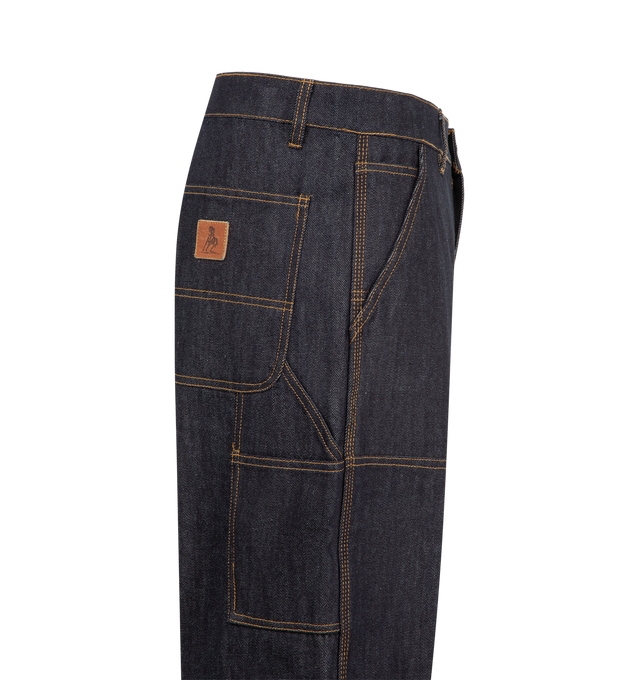 Image 3 of 3 - BLUE - One Of These Days Men's Double Knee Pant is crafted from 12oz rinse-wash cotton denim and features a relaxed straight-leg fit with durable triple-needle stitching. Designed with double-layer knee panels, slanted side pockets, tool pockets, a hammer loop, reinforced belt loops, and a zip-fly closure, the workwear-inspired silhouette is finished with a leather horse patch at the back pocket. Main Material: 100% cotton denim.  