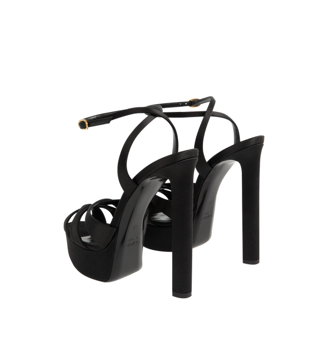 Image 3 of 4 - BLACK - SAINT LAURENT Chandelle Platform Sandals in satin crepe featuring platform sandals with a crisscrossed almond toe, covered block heel, an adjustable ankle strap, certified silk and viscose, leather sole and round saint laurent-engraved metal plaque on the insole. Total heel height: 5.5 inches. Platform height: 1.2 inches. Viscose/silk. Made in Italy. 