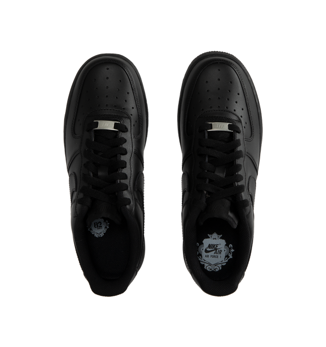 Image 5 of 5 - BLACK - NIKE Air Force 1 '07 featuring leather upper with perforated toe box, Nike Air cushioning, rubber outsole with heritage hoops pivot circles, padded collar and foam midsole. 