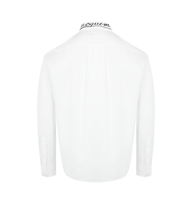 Image 2 of 2 - WHITE - JACQUEMUS Simon Long-Sleeve Shirt featuring straight fit, cotton poplin, embroidered patch with Dog print, pointed collar, embroidered logo on the collar, hidden button placket, square cuffs with hidden buttons, embroidered 50s logo on the front, J" loop on the the back, back yoke, rounded pleat in the back and mother-of-pearl buttons. 100% cotton. Made in France. 