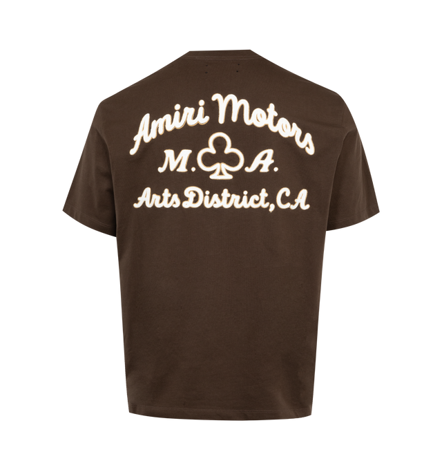 BROWN - AMIRI Motors Tee featuring regular-fit, short sleeves, crewneck and embroidered logo text and texts at chest and back. 100% cotton.