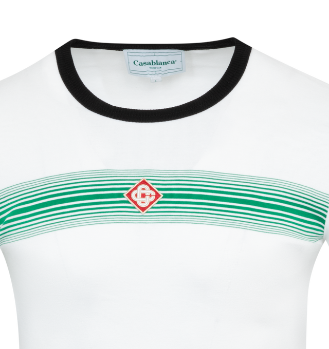 Image 2 of 2 - WHITE - CASABLANCA Gradient Ringer T-Shirt featuring organic cotton, rib knit crewneck and cuffs, embroidered logo patch at chest and stripes printed at front. 100% cotton. Trim: 95% rayon, 5% polyester. Made in Portugal. 