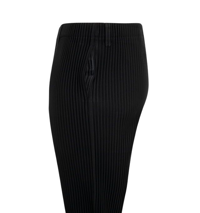 Image 3 of 3 - BLACK - Issey Miyake Basic Pants have an elastic east with a mock fly, belt loops, side pockets, and signature pleated fabric. 100% polyester.  