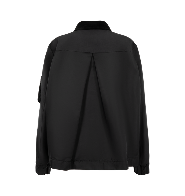 Image 3 of 4 - BLACK - Sacai Women's Grosgrain Bonding Blouson Jacket features distinct oversized front flap pockets, angled chest zip pockets, a contrasting collar, and an adjustable buttoned placket overlay. Materials: Nylon Exterior; Cotton. 