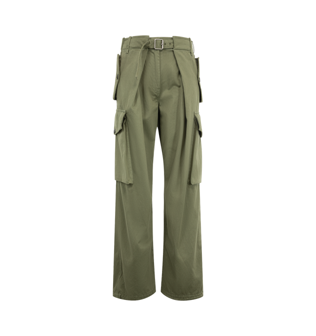 Image 1 of 3 - GREEN - Loewe Women's Cargo Trousers are crafted from medium-weight washed cotton satin and feature a relaxed-fit silhouette with a mid-rise waist and straight-leg cut. Designed with a button-and-belt fastening, concealed zip fly, seam pockets, and buttoned flap gusset cargo pockets at the sides, these utility-inspired trousers balance functionality with refined craftsmanship. Finished with elasticized drawstring cuffs and a debossed LOEWE leather and suede patch at the back. Main Material: C 