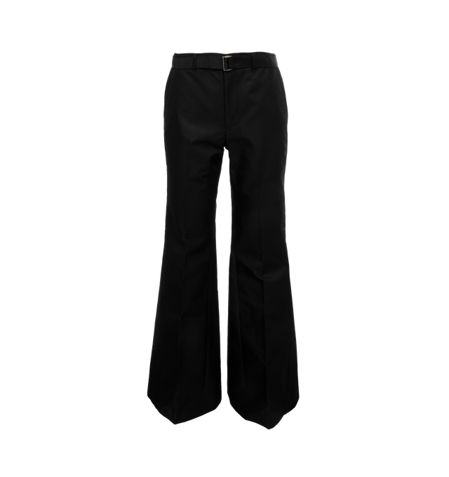 BLACK - SACAI Cotton Gabardine Pants featuring concealed front hook and zip closure, includes matching adjustable belt and two side pockets. 63% cotton, 37% polyester. Made in Japan.