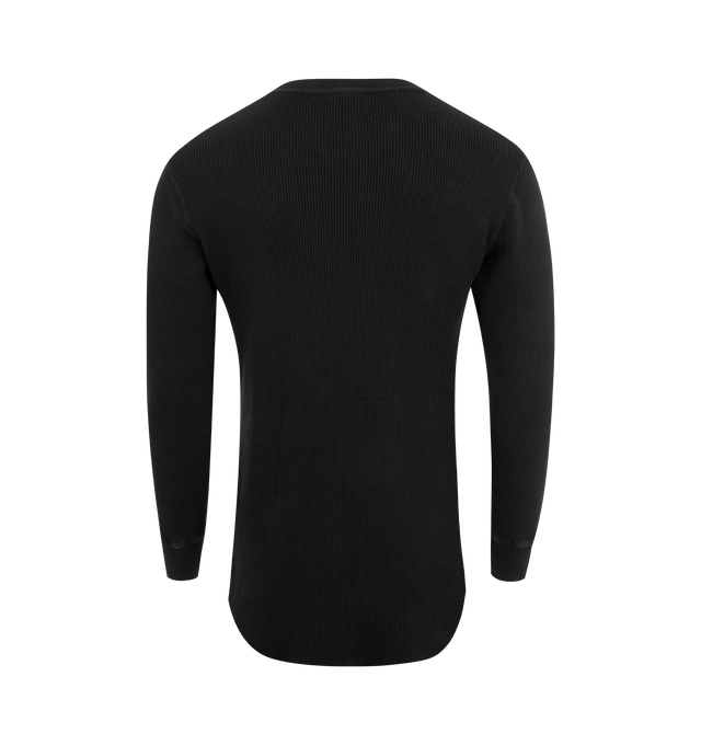 Image 2 of 2 - BLACK - Lite Year long sleeve heavy weight thermal in washed black custom dyed waffle knit thermal with dropped hem, wide rib cuff and collar. 100% Cotton. Made in USA. 