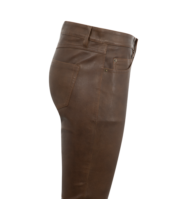 Image 3 of 3 - BROWN - Isabel Marant 100% lambskin leather medium-rise slim-fit pants featuring fitted waistband with loops, 5 classic pockets, engraved metal button tab with a zipper, metal rivets and twill lining. 