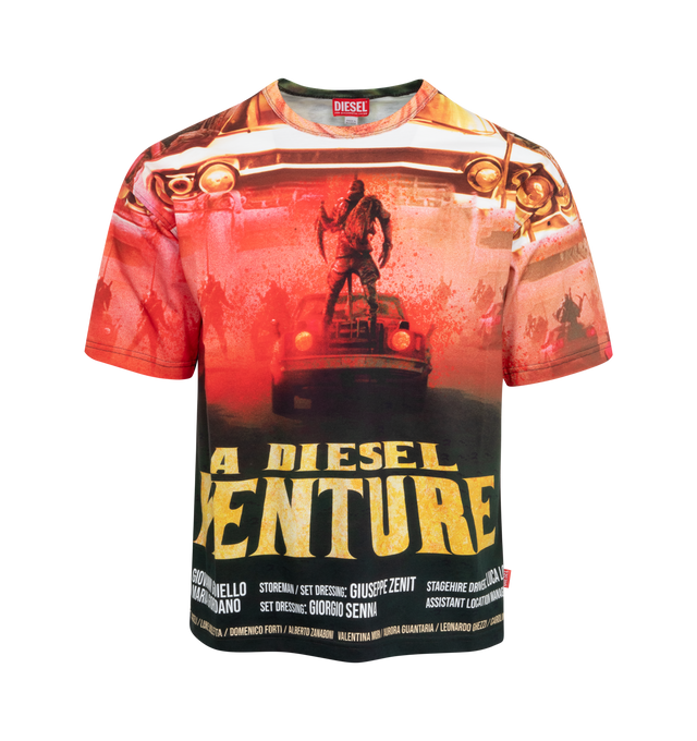 Image 1 of 2 - RED - DIESEL T-Boxt-Adventure Shirt featuring printed all-over with the poster for Diesel's fictional action-packed blockbuster: A Diesel Adventure, regular fit and a red logo label on the side. 100% cotton. 