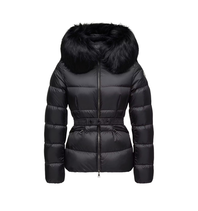 Image 1 of 1 - BLACK - Moncler Women's Boed Hooded Shearling-Trimmed Short Down Jacket is crafted from longue saison nylon and features a down-filled construction, a detachable long-haired shearling-trimmed hood, a front zip closure, zipped pockets, and an elastic belt with a snap-button closure that defines the waist. This designer down jacket combines lightweight warmth with a refined, feminine silhouette for elevated cold-weather wear. Main Material: 100% Polyamide (Nylon). Lining: 100% Polyamide (Nylon) 
