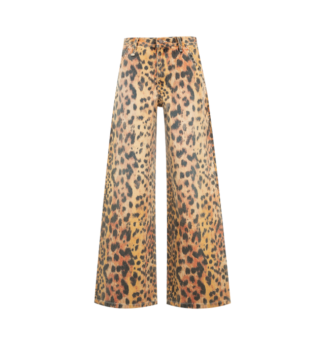 Image 1 of 3 - MULTI - R13 Womens Darcy Flare Carpenter Pants are crafted from cotton denim and a leopard animal print design. Featuring a relaxed wide-leg silhouette with a flared leg and classic five-pocket construction. Main Material: Cotton Denim. 