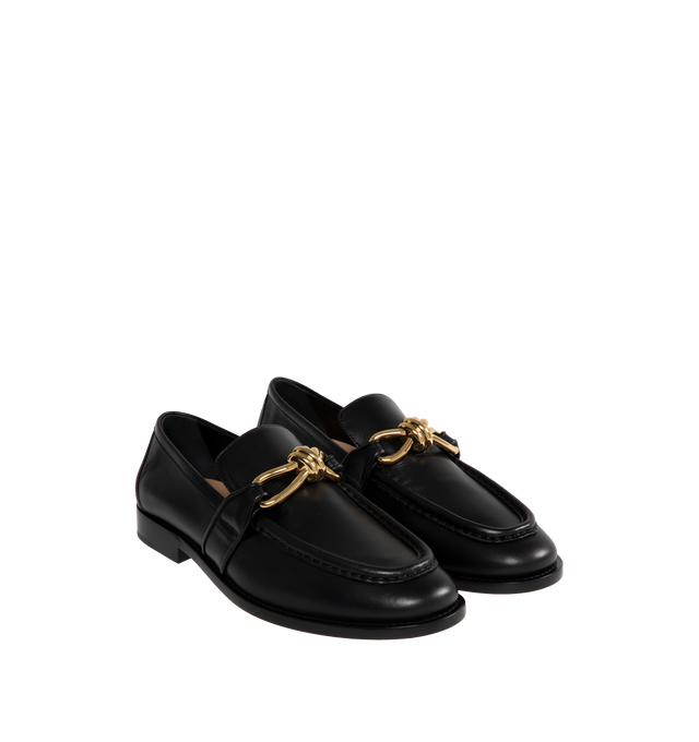 Image 2 of 4 - BLACK - BOTTEGA VENETA Astaire Metallic Knot Napa Loafers featuring signature gold-tone knot hardware, stacked heel, round moc toe, rubber outsole and slip-on style. Made in Italy. 