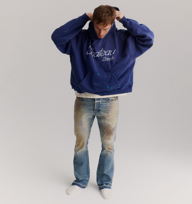 Image 3 of 5 - BLUE - GALLERY DEPT. Greased 646 Jean featuring 646 silhouette with a mid-rise fit, 5-pocket design, flared leg and GD custom hardware. 100% cotton. Made in USA. 