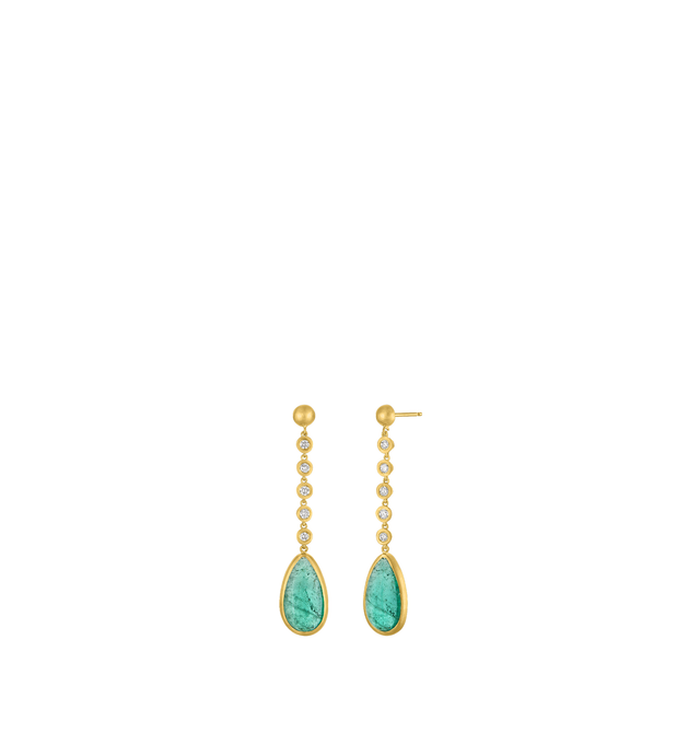 Image 2 of 3 - GOLD - Prounis Emerald and Diamond Drop Earrings are handcrafted from 22K yellow gold and feature tumbled emeralds accented with five diamonds. Total Diamond Weight: 2.3 carats. Dimensions: 56 mm x 13 mm. Handmade in New York. For personal consultation and detailed information about jewelry, please contact our dedicated stylist team at personalshopping@hirshleifers.com.This item may be restricted for online purchase to international clients. For assistance purchasing this item please contact  