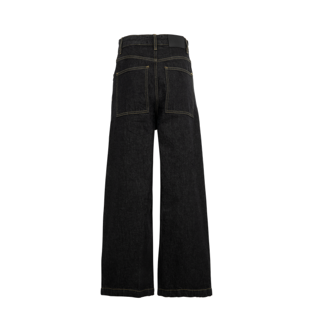 Image 2 of 3 - BLACK - Studio Nicholson Women's high-waisted denim pant with a curved shape through the leg constructed from a 14oz denim. Featuring a flat front, two hand pockets and two rear patch pockets, concealed zip fly with metal button closure and belt loops. 100% Cotton. 