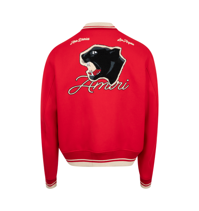 Image 2 of 2 - RED - Amiri Panther Bomber has a baseball collar, ribbed trims, a press stud front opening, side zip pockets, and an embroidered logo. 75% wool, 25% nylon. Made in Italy.  