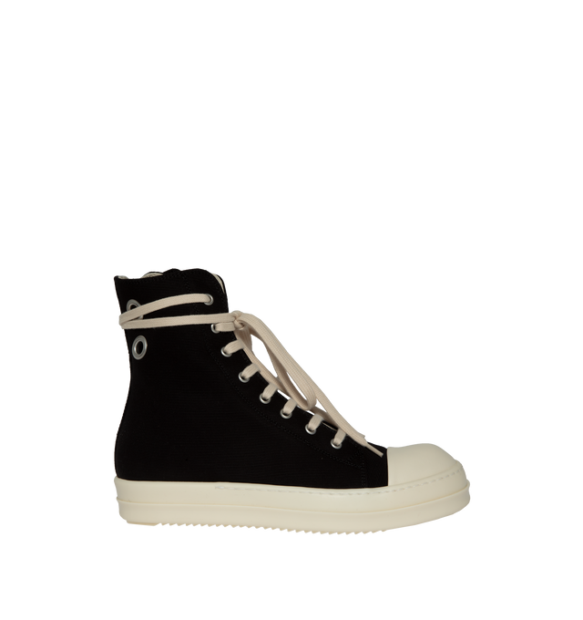 BLACK - DRKSHDW Hi Top Sneakers featuring cap toe, lace-up closure, extended tongue, zip closure at inner side, eyelets at sides, twill lining and treaded thermoplastic rubber sole. Organic cotton. Sole: thermoplastic rubber. Made in Italy.