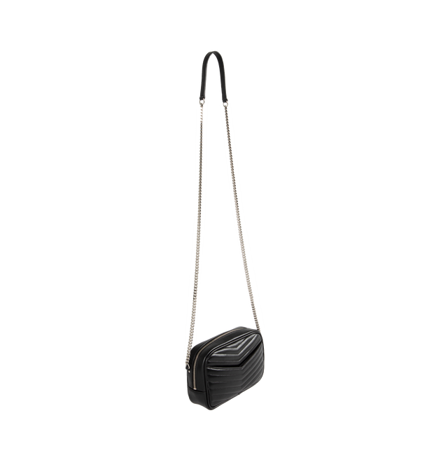 Image 2 of 3 - BLACK - SAINT LAURENT Mini Lou crss-body camera bag with chain strap featuring chevron quilted leather and Cassandre embellishment, zip closure, three card slots, back pocket and leather lining. Measures 7.5 X 4.1 X 2 inches. 100% calfskin with silver-tone brass hardware. Made in Italy. 