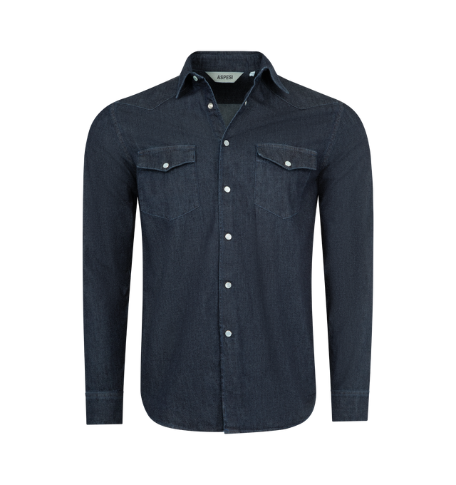 Image 1 of 2 - BLUE - ASPESI Denim Shirt featuring long-sleeves, a front button fastening, two front patch pockets with flap and button on the chest, a rounded hem and regular fit. Cotton.  