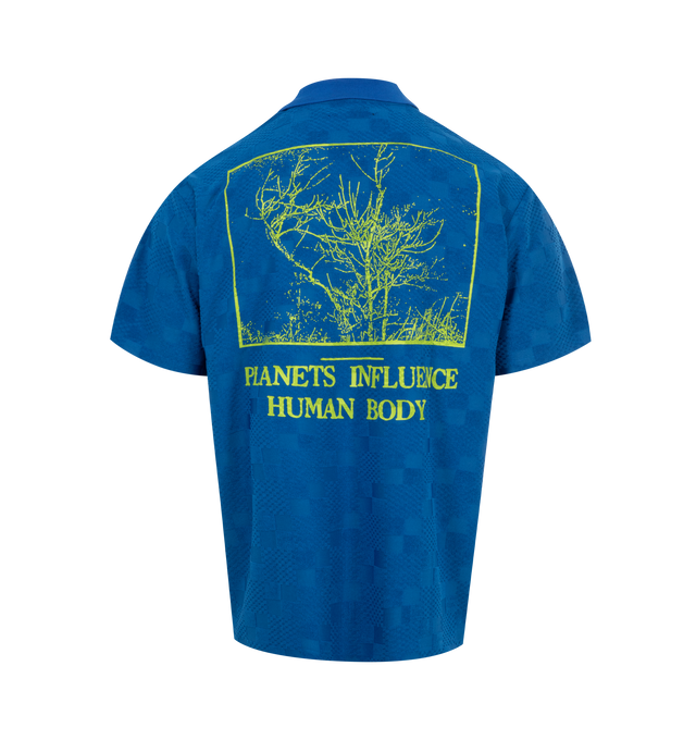 Image 2 of 2 - BLUE - PLEASURES Planets Polo featuring print and embroidery throughout, short sleeves, polo collar and graphic on back. 100% polyester. 